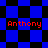 Four identical pixelated display red text 'Anthony' over blue and black checkered backgrounds with varying patterns