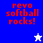 Blue and white pixelated icon with red text reading "revo softball rocks!" and a white star on blue background, a blue star on white background.