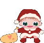 Two pixelated cartoon figures in Santa outfits hold yellow bags with pink hearts; one figure has large green eyes and a neutral expression, the other winks with closed eyes.