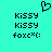 Pixelated cyan background with black text and a heart symbol; four instances of 'Kissy' and two 'foxc*(' , one heart above the top-left