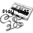 Pixelated grayscale icon with swirling lines and text reading 'Play that funky music' in blocky font.