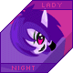 Pixel art avatar of a purple-haired character with pink eyes and green stripes on cheeks, set against a gradient background with 'LADY' at top and 'NIGHT' at bottom.
