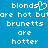 Blue background with white pixelated text reading "blonds are hot but brunetts are hotter" in two identical vertical , with a heart symbol replacing the 'o' in "blonds" on the left