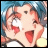 Pixelated anime-style character with wide eyes and open mouth, blue hair, red cheeks, and yellow circular earrings against a blue background.