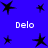 Blue background with multiple black star shapes and four instances of the text 'Delo' in white pixelated font.