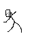 Black-and-white pixelated stick figure with rectangular head, one arm raised diagonally upward, and legs in a running or striding pose against white background.