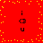 Red background with yellow pixel dots and four identical black text icons arranged in a , each showing 'i', '<3', and 'u' vertically stacked