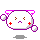 Pixelated white character with purple outline and pink ears, red cheek marks, brown eyes, gray shadow on light gray background.