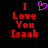 Pixelated red text "I Love You Isaak" with a purple heart symbol above the word I on black background.