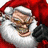Santa Claus figure in red and white attire with a black glove, set against a solid red background featuring green text elements.