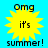 Yellow sunburst graphic with black text 'Omg it's summer!' on bright blue background, four identical