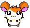Pixel art hamster with orange-brown ears and pink inner ears, white face and body, brown feet, yellow chest patch, small square brown marks on sides.