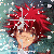 Pixelated anime-style character with spiky red hair and light skin, wearing a blue garment against a teal background with white speckles.