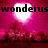 Pixelated image with pink and red gradient background, white heart shape behind black text reading 'wonderus' in lowercase letters.