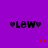 Purple background with black text 'LEW' flanked by dark purple hearts, two red pixelated hearts below.