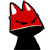 Red fox head with white inner ears on black body, transitioning from closed eyes to open eyes and then to smoke effects. Blue cloud-like shapes appear at bottom right.
