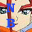 Pixelated anime-style character with large eyes and brown hair, wearing blue 'NB' text on red vertical bars against a light background.