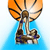 Pixelated orange basketball with black lines above a brown and white basketball hoop on a blue gradient background.