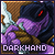Pixelated character with purple skin and black hooded cloak, red eyes, brown hands, brown background, text 'DARKHAND' below.