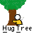 Pixel art icon of a stick figure hugging a tree with text below, on gray background.