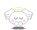 Pixelated angel icon with yellow halo, white wings, pink cheeks, and gray shadow on light gray background showing four distinct expressions.