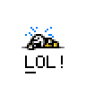 Pixel art animation of a stick figure lying on the ground with blue sparkles above it, accompanied by "LOL!" text in four frames showing slight variations in pose and sparkle count.
