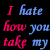 Animated contact sheet of 18 frames showing a text-based buddy icon with alternating blue and pink color schemes for lyrics, heart symbols, and repeated phrases on black background.