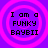 Four identical pixelated text on a purple background with pink concentric circles, each displaying "I am a FUNKY BAYBII" in black block letters