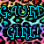 Pixelated text 'GIRL!' in cyan with black outlines on a multicolored pixelated background.