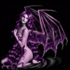 Four winged female figures with long flowing hair in purple, red, green, and blue hues pose kneeling on dark backgrounds.