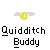 Animated contact sheet of a Quidditch-themed buddy icon showing multiple frames with two stick-figure characters in green and red robes on broomsticks, some holding golden snitches, against a gray background.