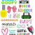 A static grid of pixelated icons featuring a yellow bottle, pink bow, green handbag, heart shape, and various color swatches with no visible text or animation.