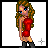A pixel art contact sheet showing two frames of an animated buddy icon: a female character in red dress on the left and red text "bangin shorty" on the right.