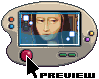 Pixel art of a handheld gaming device with a screen showing a character's face, surrounded by floating squares and a cursor pointing at a red button.