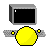 identical yellow circular icons with small gray wing-like shapes on a light gray background, each above a black rectangular shape that changes content across frames