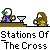 A 4x4 contact sheet of pixel art frames depicting a religious-themed animation sequence with characters interacting at stations of the cross, showing various poses and actions across sampled frames.