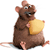 Brown mouse with pink ears and tail holds a large yellow cheese wedge against a white background.