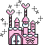 Pixelated pink castle with multiple towers, heart-shaped spires, and bow decorations on a gray background with scattered black starbursts.