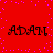 Red background with purple dots and four identical black text elements reading "ADAM" in a stylized font arranged in a