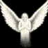 Four of a white angelic figure with outstretched wings against black background, showing wing position changes from spread to folded