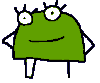 Green cartoon character with white teeth and black arms in nine positions showing eye and mouth expression changes