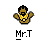 Pixelated static buddy icon of a cartoon character with brown skin, black hair, and yellow shirt against gray background, with "Mr.T" text below.