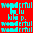 Red background with cyan text repeating 'wonderful', 'lu-Ju', and 'kiki p.' in a pattern, some highlighted by purple rectangles