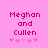 Pixelated text 'Meghan and Cullen' in magenta on pink background with two of pink heart symbols below