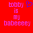 Red background with purple pixelated text reading 'bobby is my babeeyy' and a blue heart symbol above the text on the left side.