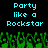 Pixelated cyan text reads 'Party like a Rockstar' over green pixelated crowd silhouettes on black background.