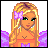 Pixelated cartoon character with long blonde hair, green eyes, and a purple bow on the left side of her head.