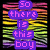 Pixelated text fragments in purple and white over a striped background with yellow, green, pink, and black colors.