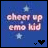 Blue background with light blue stars, pink text reading 'cheer up emo kid', and a heart symbol changing from black to white.