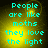 Cyan pixelated text reads "People are like moths they love the light" over a yellow gradient background with two distinct bright spots.